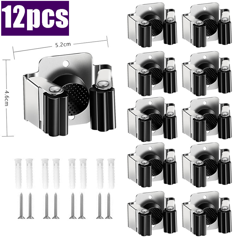 12-Piece Stainless Steel Wall-Mounted Mop and Broom Clip Holder Set