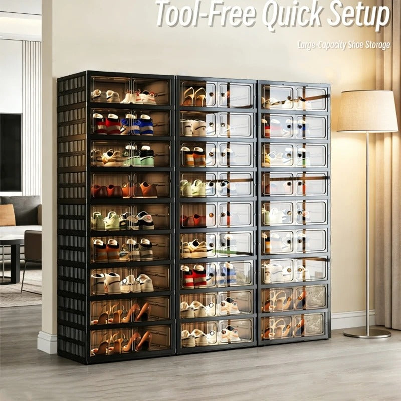 3-Layer Foldable Shoe Cabinet with Clear Magnetic Doors