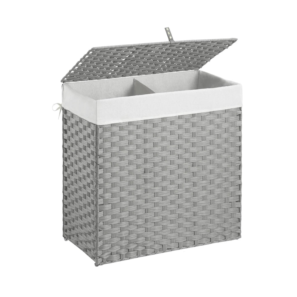 Wicker 2-Section Laundry Hamper with Lid and Washable Liners