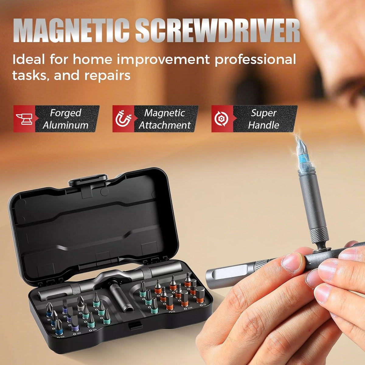 24-Piece Compact Magnetic Ratchet Screwdriver Set with Repair Case