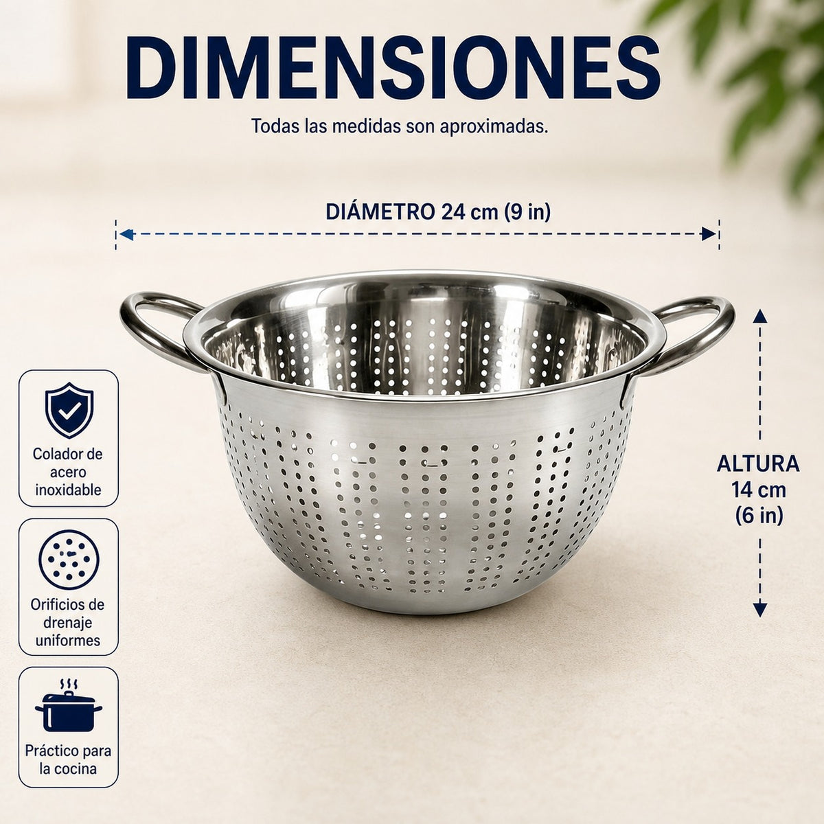 304 Stainless Steel Kitchen Colander with Side Handles, 24cm