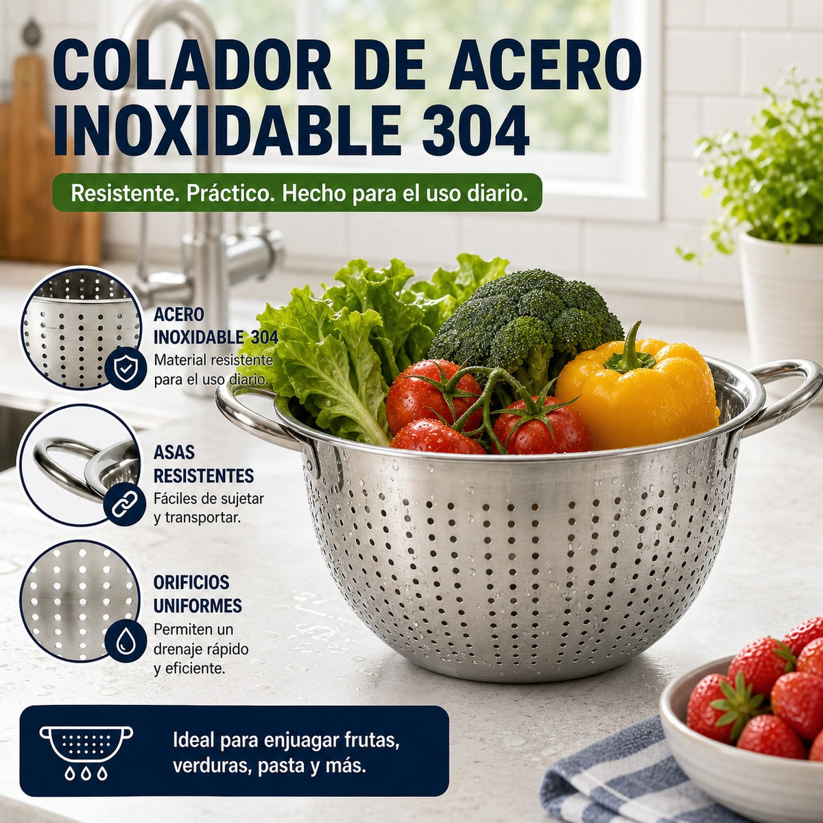 304 Stainless Steel Kitchen Colander with Side Handles, 24cm
