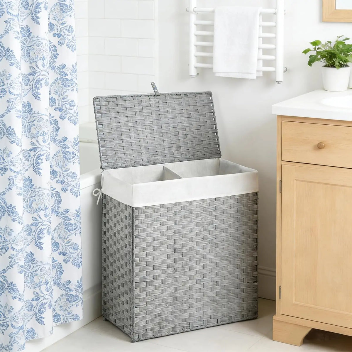 Wicker 2-Section Laundry Hamper with Lid and Washable Liners