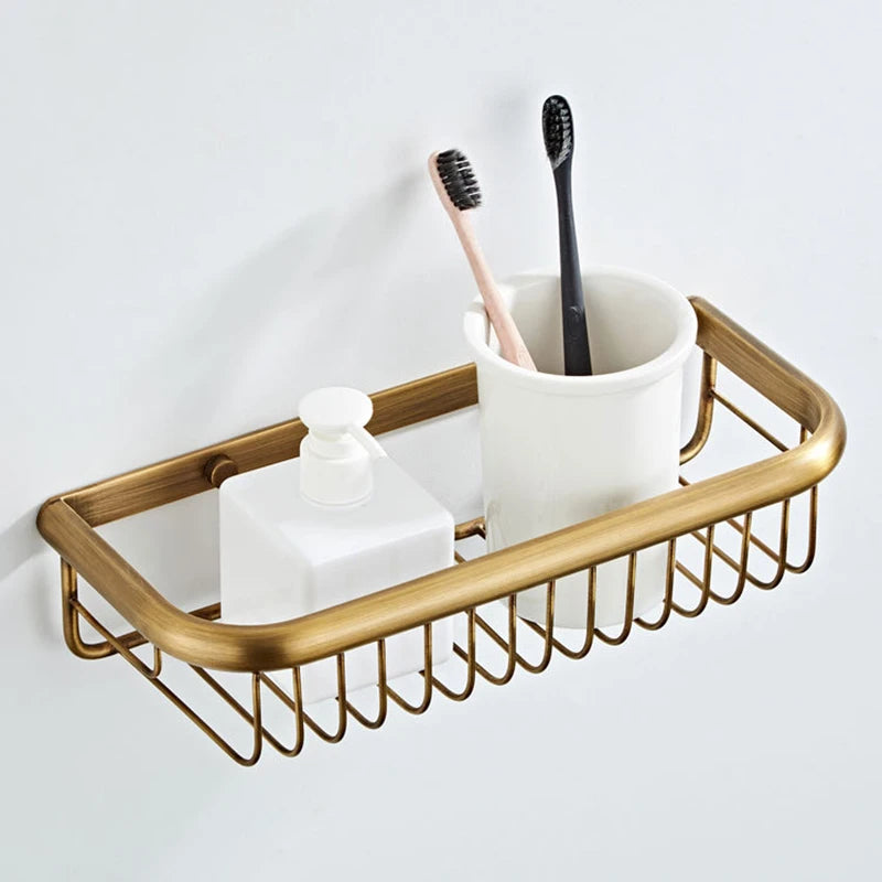 Single Brass Antique Shower Corner Shelf, 30cm