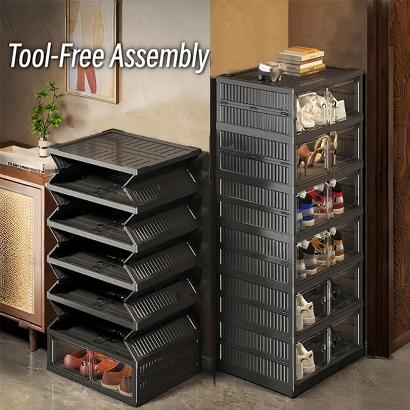 3-Layer Foldable Shoe Cabinet with Clear Magnetic Doors