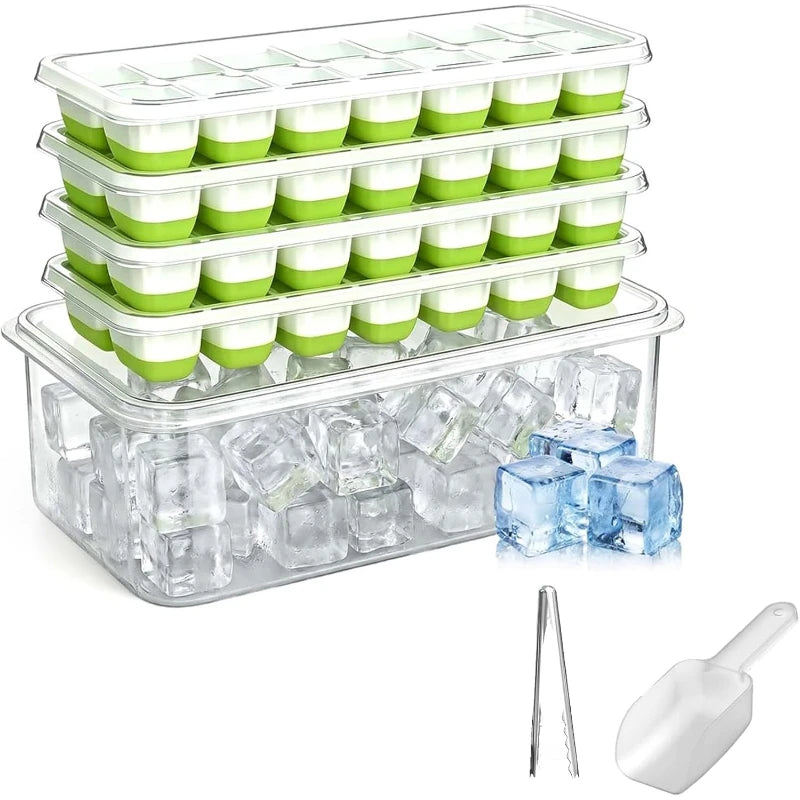 4-Pack Ice Cube Trays with Lids, Bin and Scoop