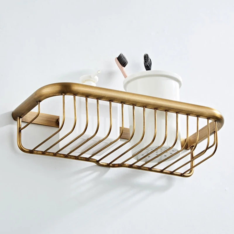 Single Brass Antique Shower Corner Shelf, 30cm