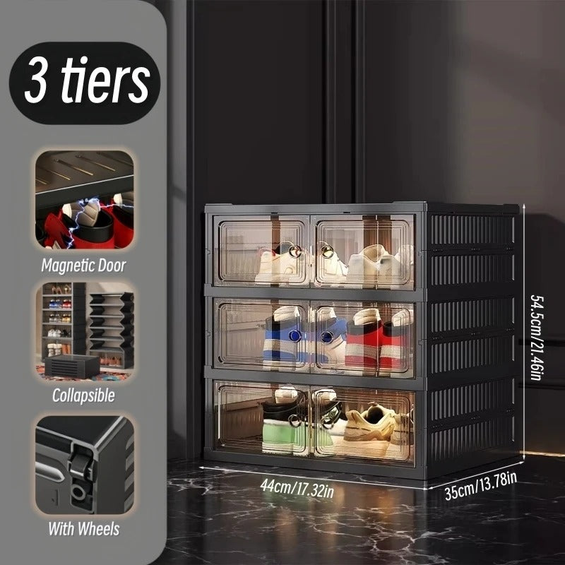 3-Layer Foldable Shoe Cabinet with Clear Magnetic Doors