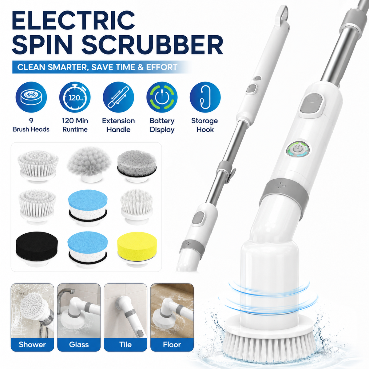 Cordless Electric Spin Scrubber with 9 Brush Heads